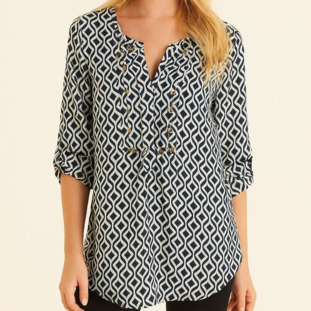 41 Hawthorn Navy & White Geometric Studded Detail 3/4 Sleeve Chiffon Blouse | XL